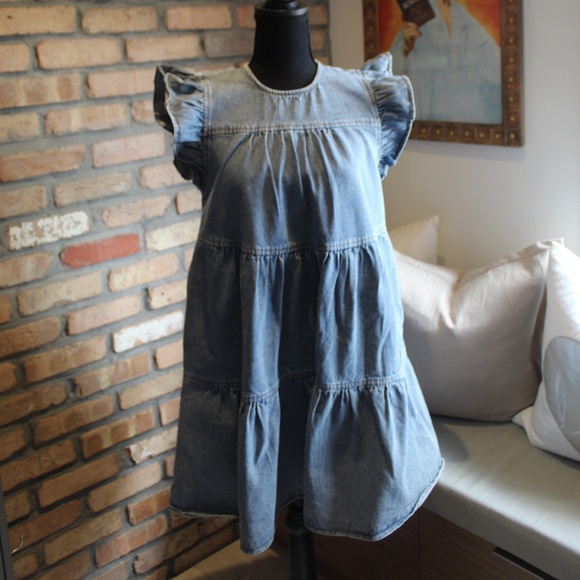 Altar’d State Denim Blue Baby Doll Tiered Dress | Size S | Flutter Sleeves - Picture 1 of 3